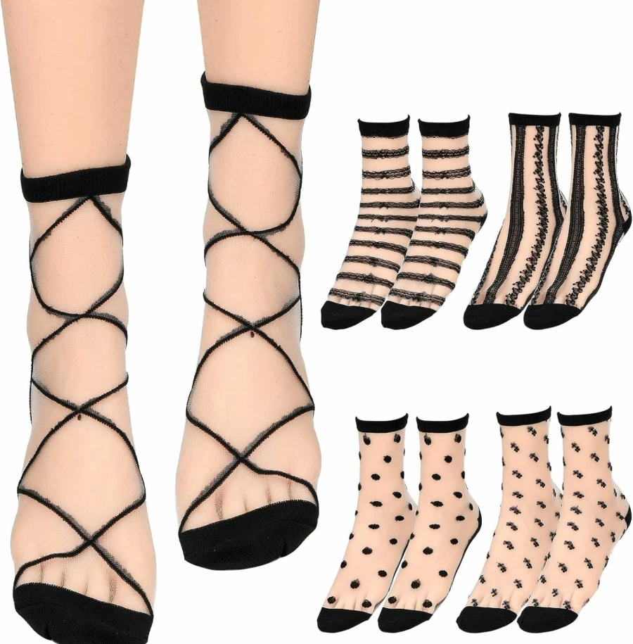 Lusofie Women's Fashion Sheer Ankle Socks - 5 Pairs Black See-Through Socks with Checkered, Dot, Striped, and Plaid Patterns for Summer
