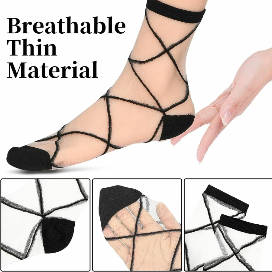 Lusofie Women's Fashion Sheer Ankle Socks - 5 Pairs Black See-Through Socks with Checkered, Dot, Striped, and Plaid Patterns for Summer