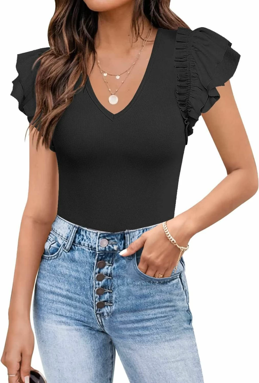MISSJOY Women's V-Neck Ruffle Short Sleeve T-Shirt - Slim Fit Stretch Ribbed Basic Top for Women