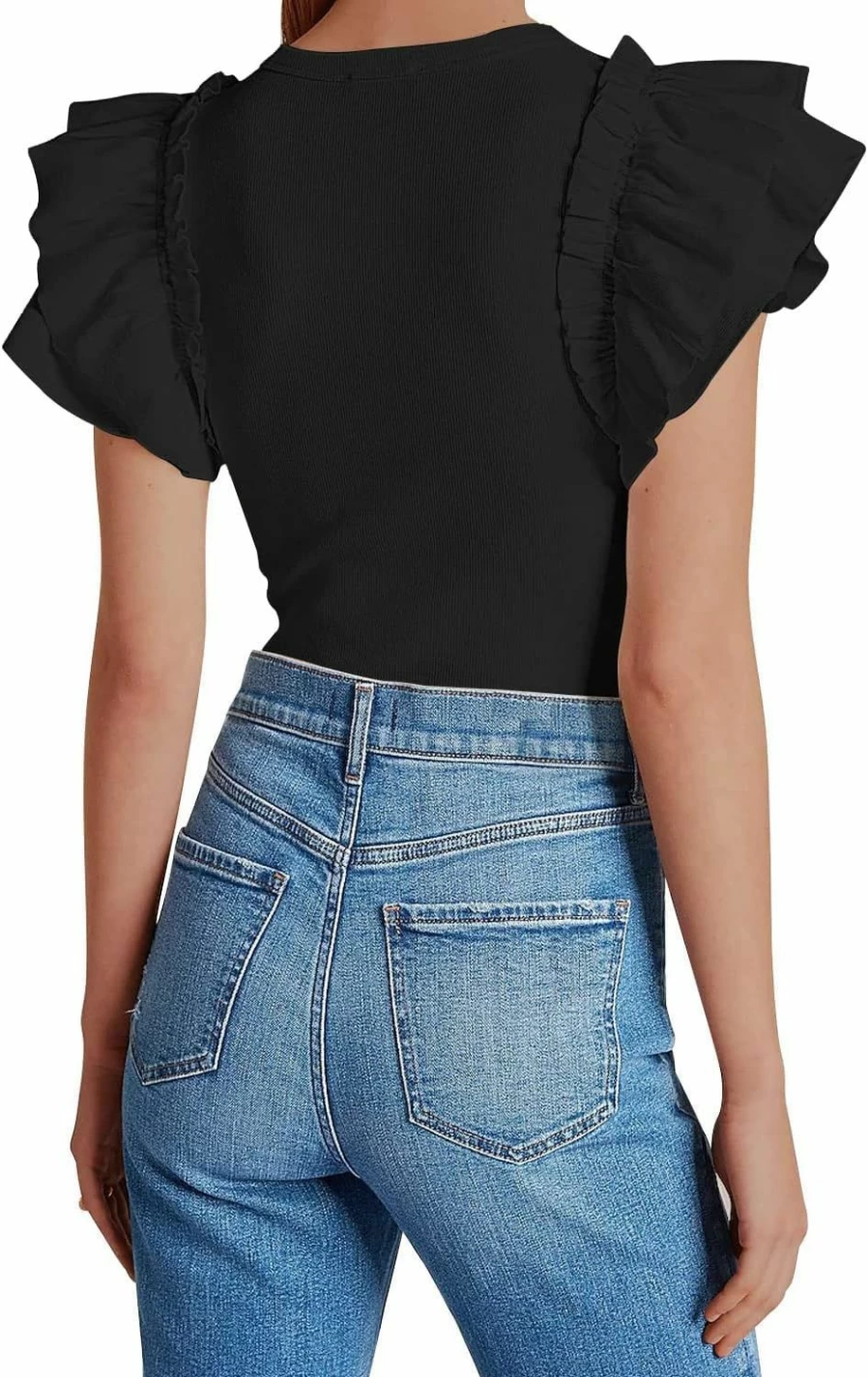 MISSJOY Women's V-Neck Ruffle Short Sleeve T-Shirt - Slim Fit Stretch Ribbed Basic Top for Women