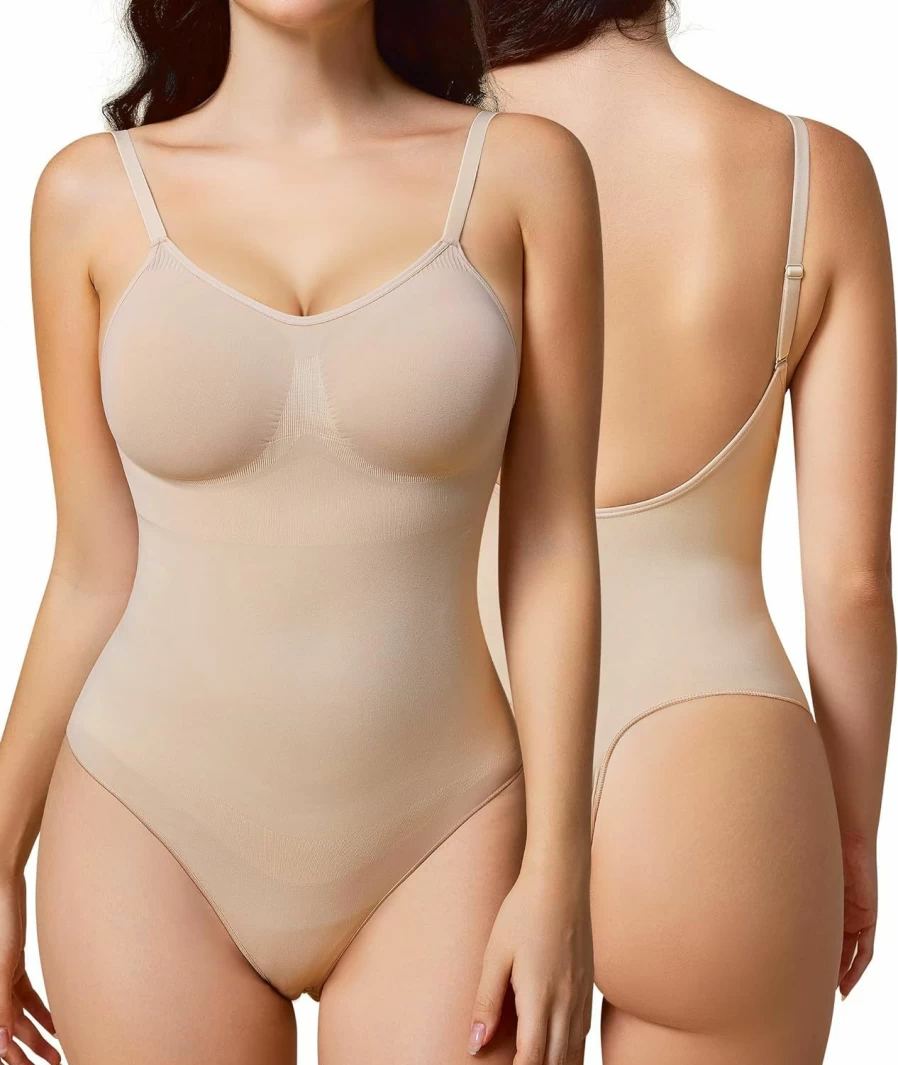 BRABIC Women's Seamless Backless Bodysuit - Tummy Control Shapewear Thong, Sleeveless Compression Tank Top for Smoothing & Slimming
