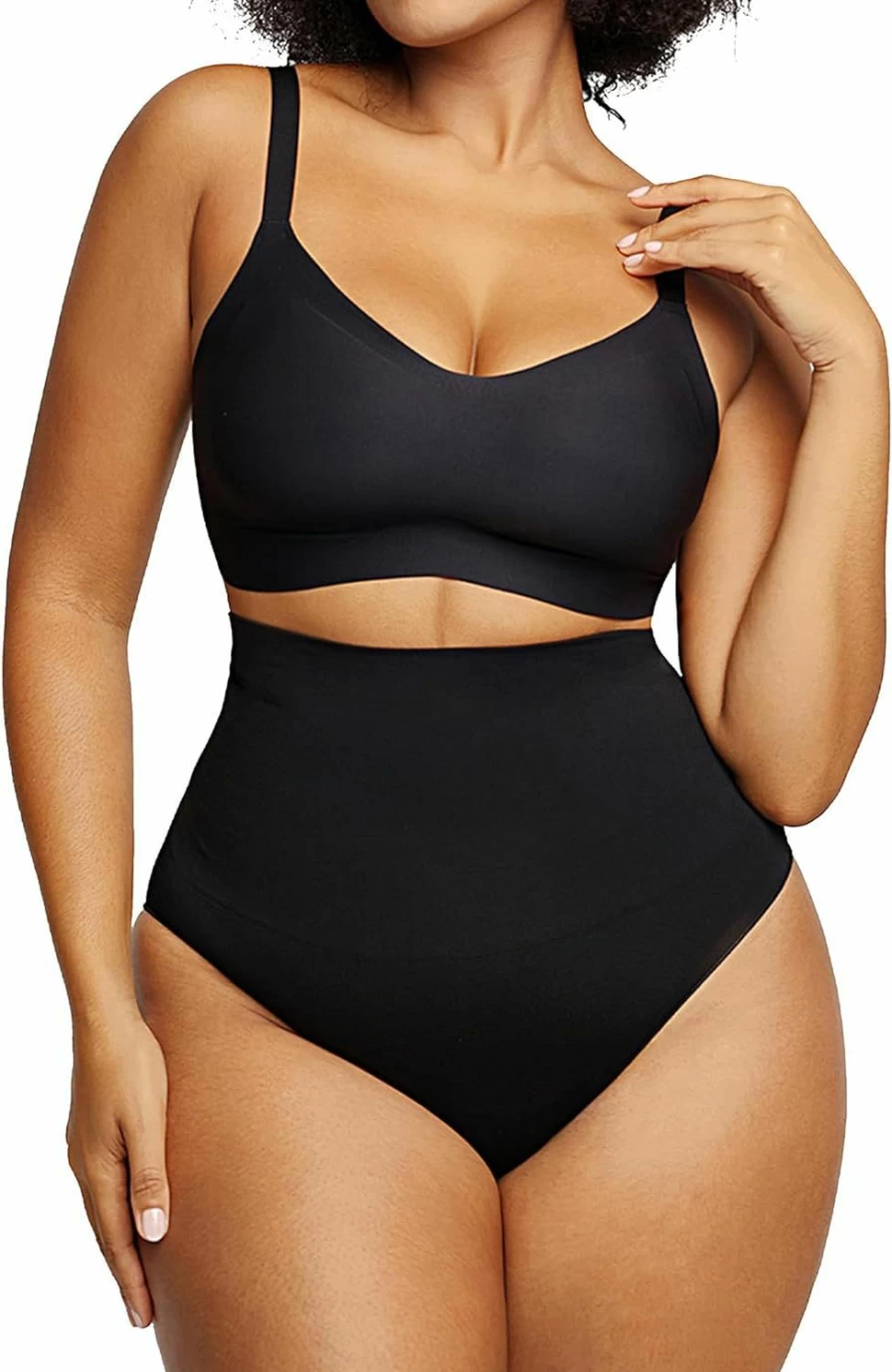 SHAPELLX Seamless Tummy Control Shapewear Thong for Women - Mid Waisted Body Shaper Underwear