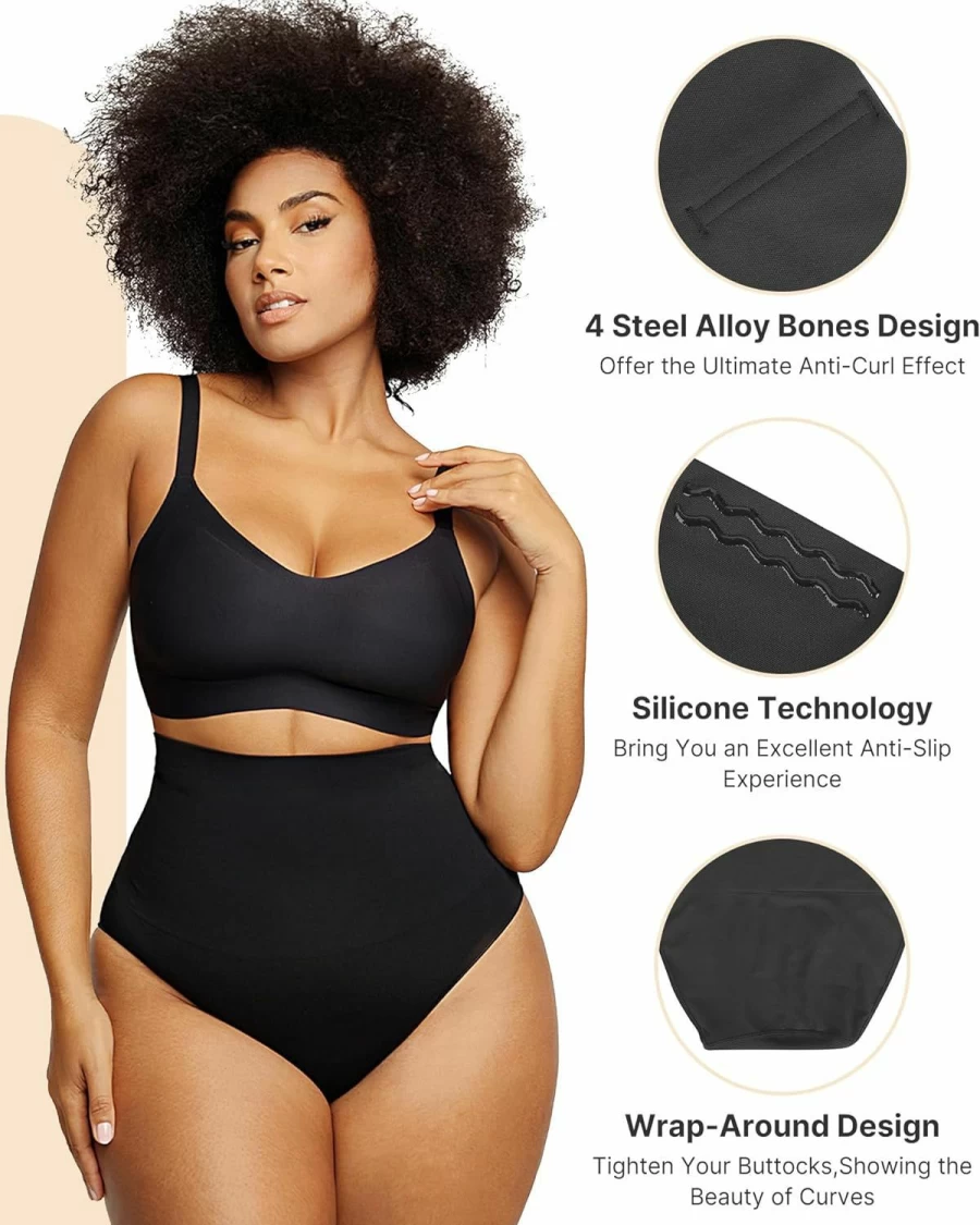 SHAPELLX Seamless Tummy Control Shapewear Thong for Women - Mid Waisted Body Shaper Underwear