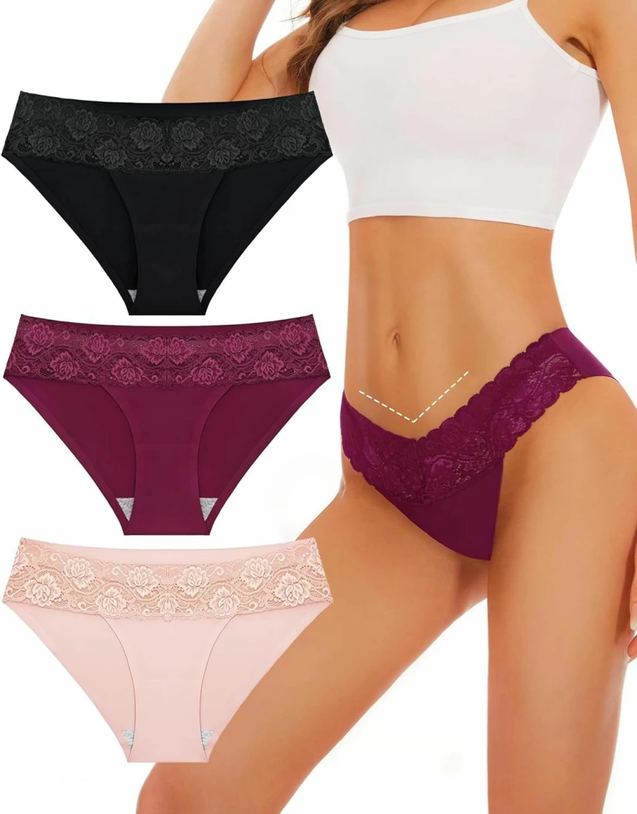 Sunm Boutique Women's Seamless Lace Panties - No Show Bikini, Cheeky Hipster, High Cut, Stretch Underwear - Sexy & Comfortable