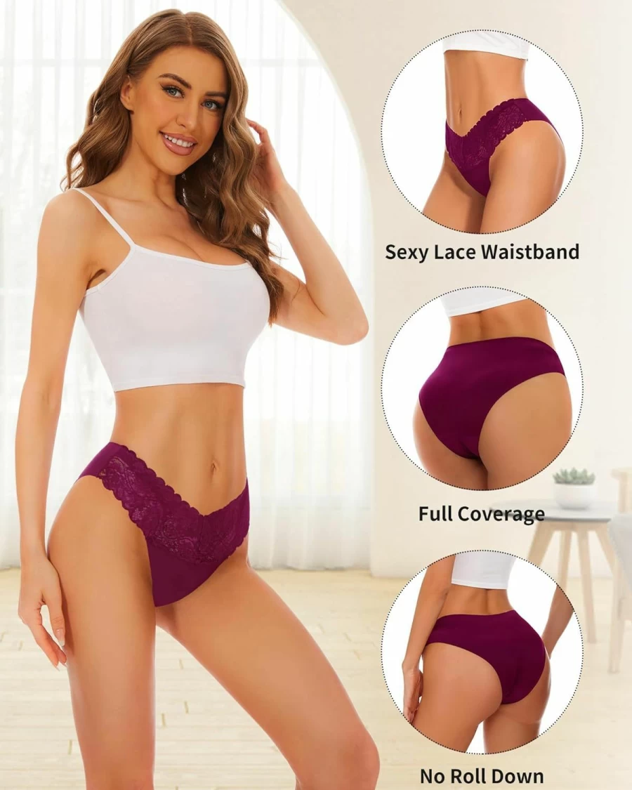 Sunm Boutique Women's Seamless Lace Panties - No Show Bikini, Cheeky Hipster, High Cut, Stretch Underwear - Sexy & Comfortable