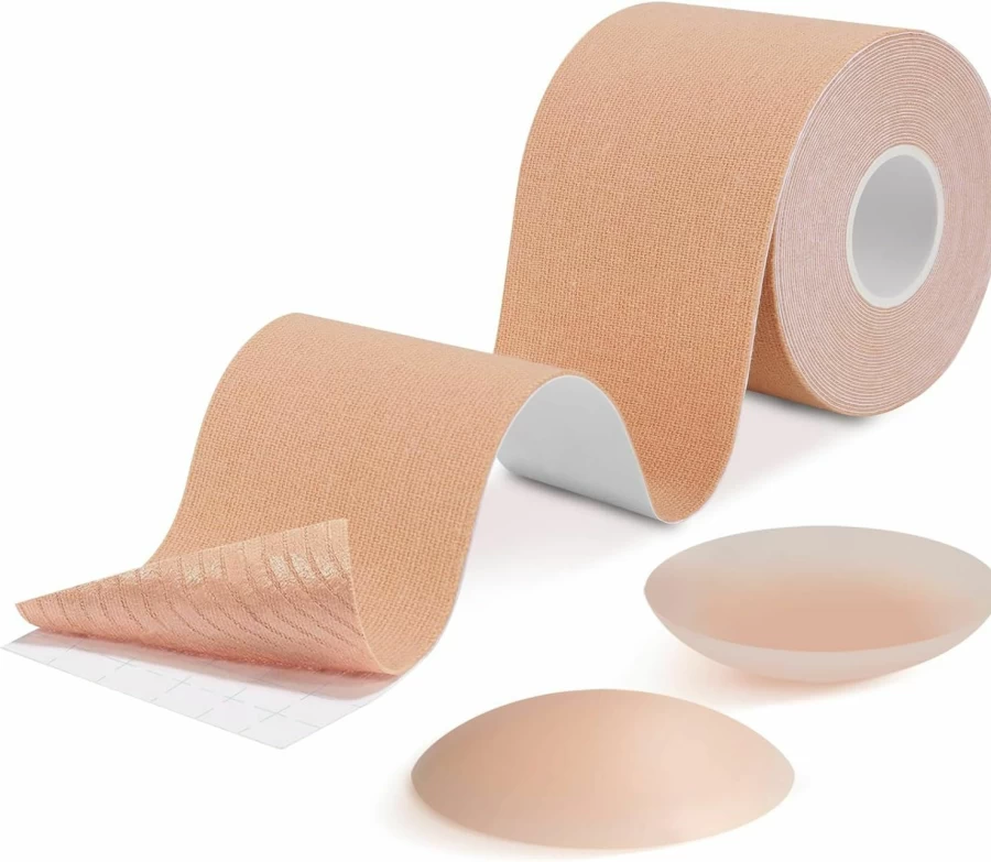 BearKig Breast Lift Tape - Invisible Boob Tape for Large Breasts, Reusable Push Up & Shaping Body Tape with Sticky Silicone Covers (Beige)