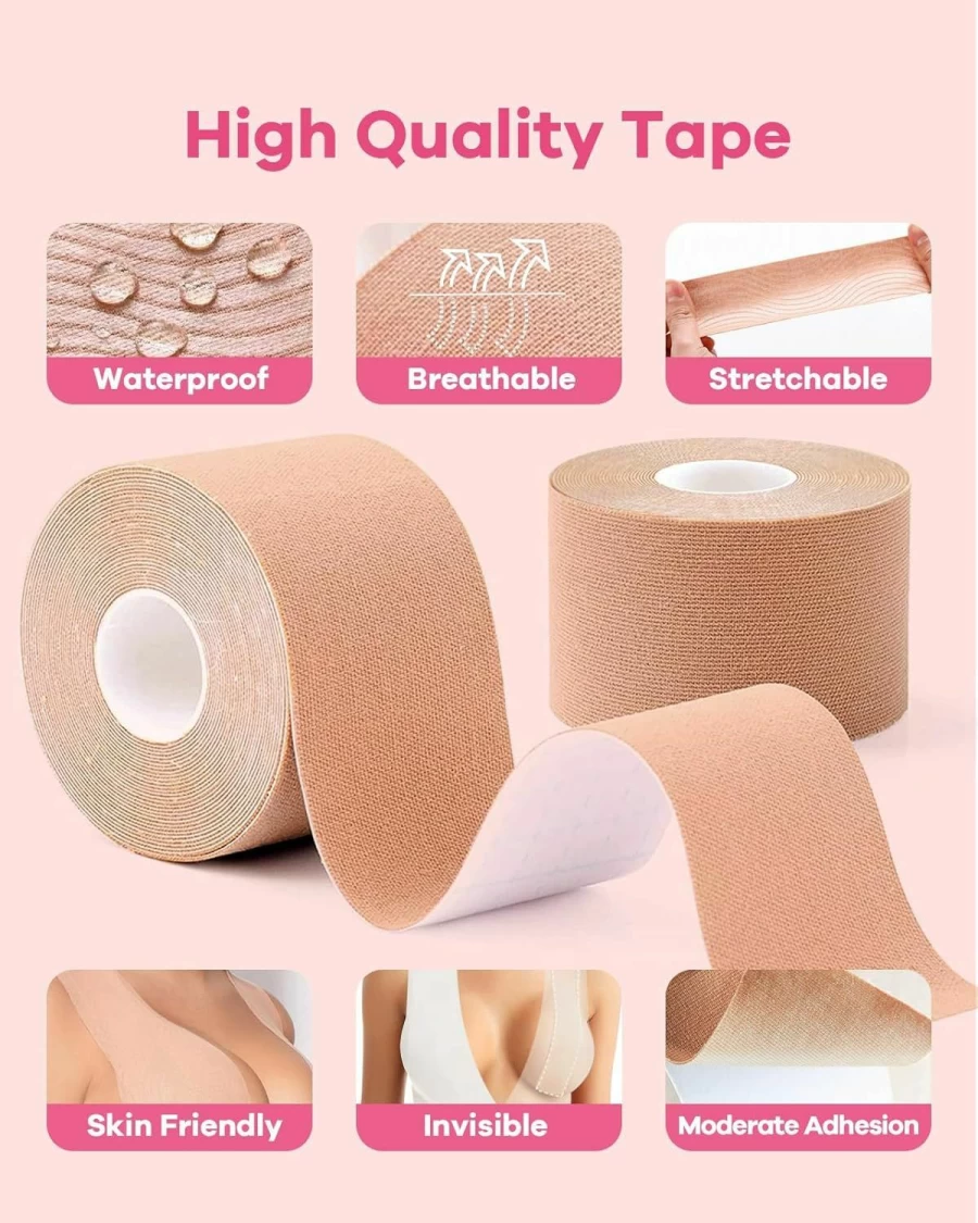 BearKig Breast Lift Tape - Invisible Boob Tape for Large Breasts, Reusable Push Up & Shaping Body Tape with Sticky Silicone Covers (Beige)