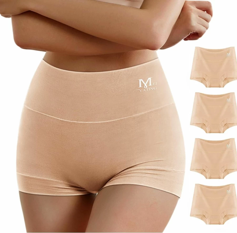 MEIYATING Women's High Waisted Cotton Boy Shorts - 4 Pack Stretch Underwear Briefs Comfortable Soft Panties