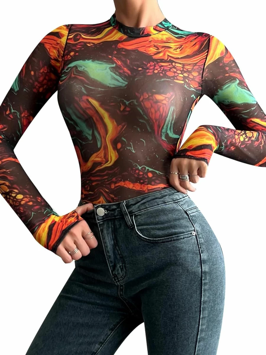 Popiv Women's Tie-Dye Mesh Teddy Bodysuit - Sexy Long Sleeve Mock Neck Lingerie Top for Rave & Party