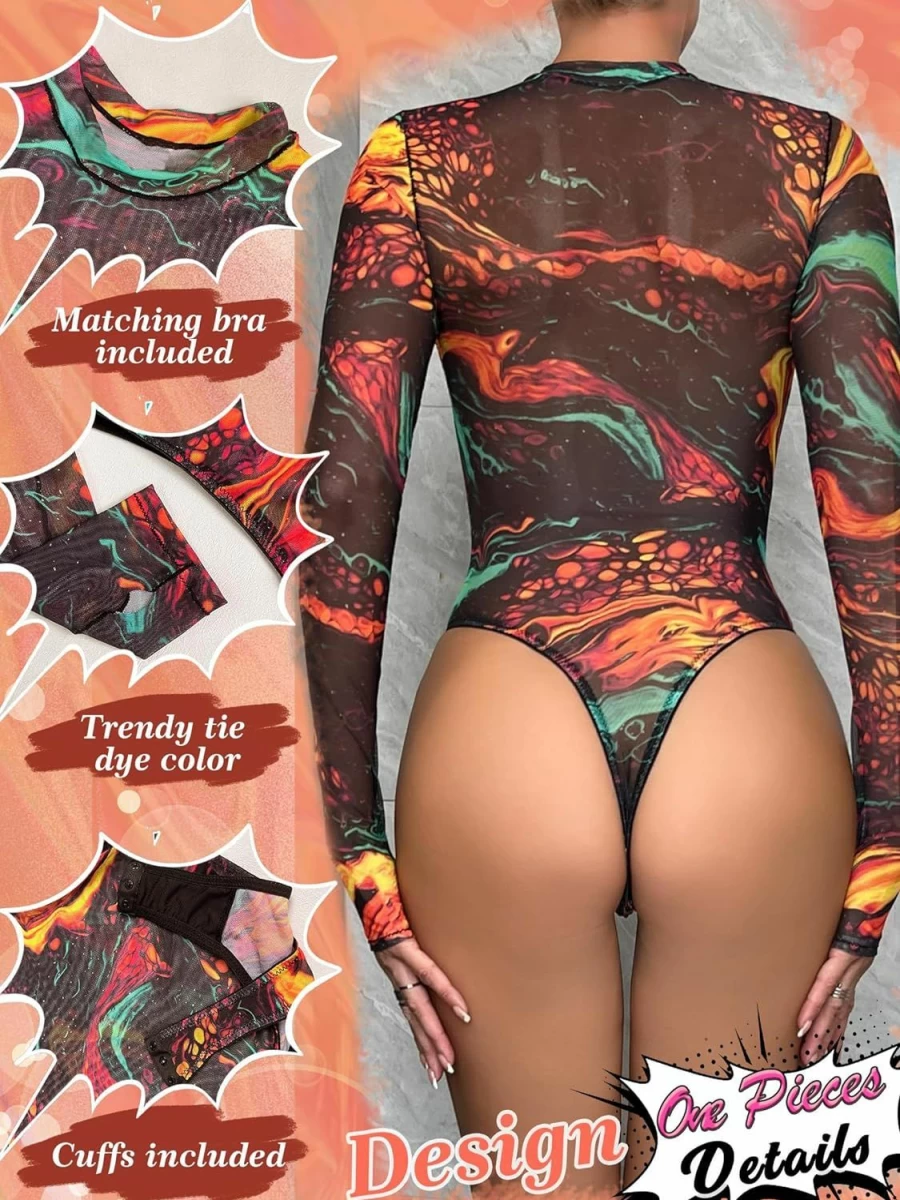 Popiv Women's Tie-Dye Mesh Teddy Bodysuit - Sexy Long Sleeve Mock Neck Lingerie Top for Rave & Party