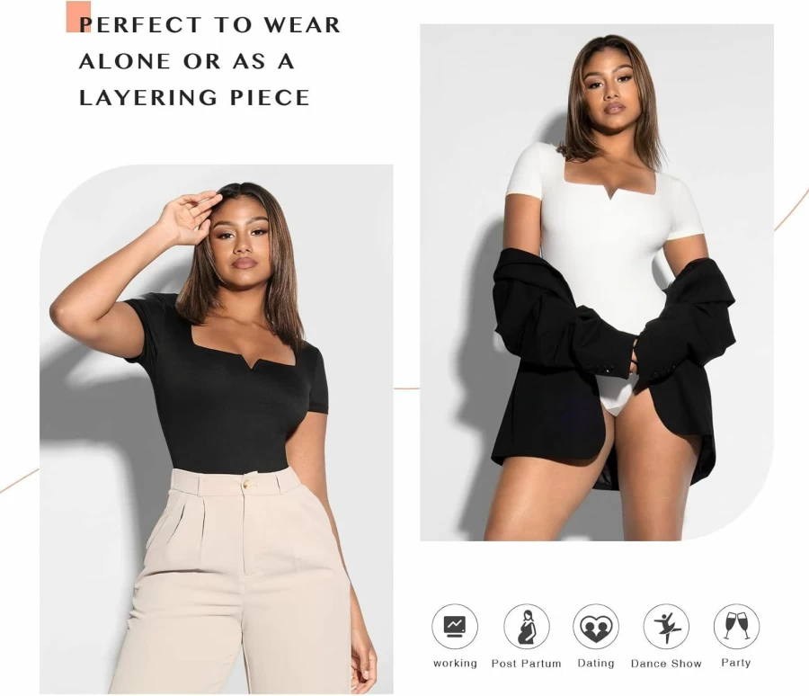 FeelinGirl Women's Square Neck Slimming Bodysuit - Tummy Control Long Sleeve/Sleeveless Going Out Tank Top