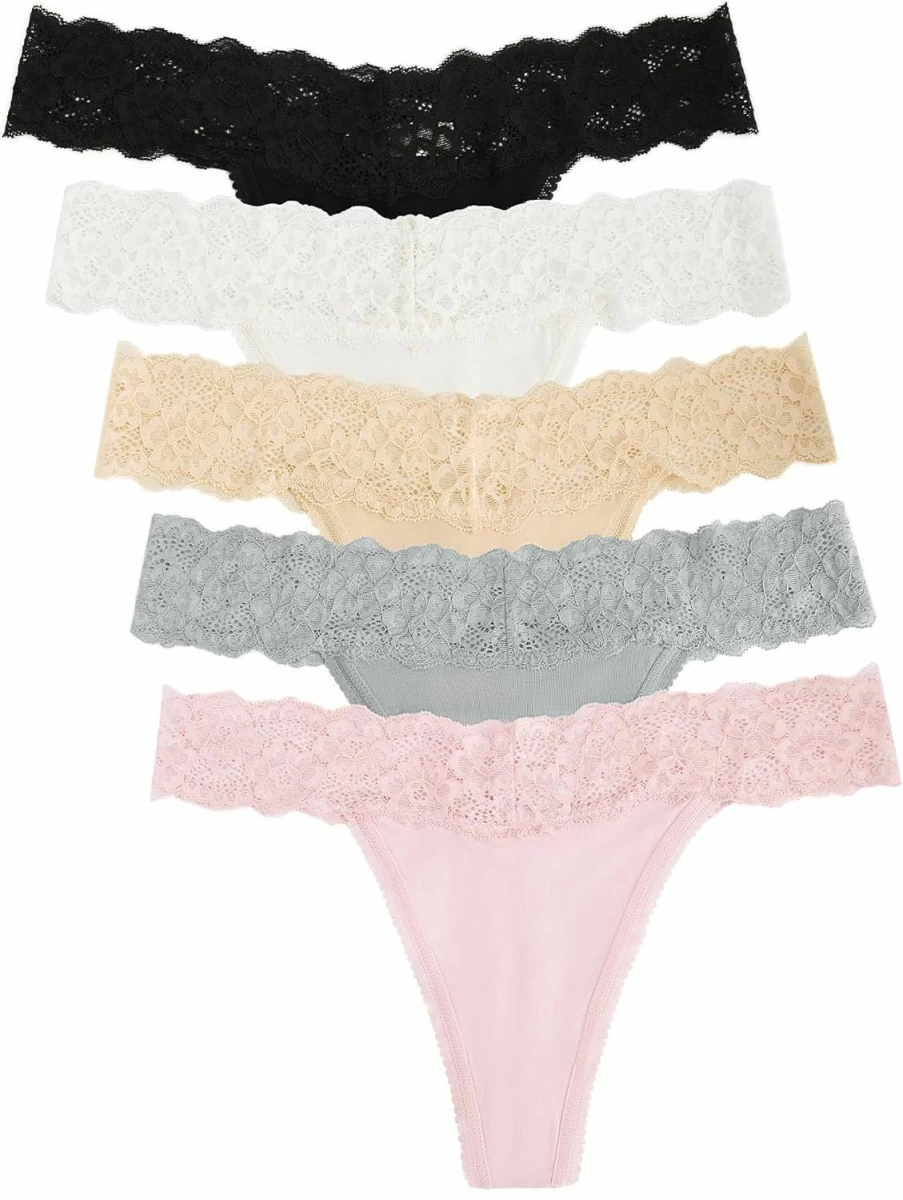 Voenxe Women's No Show Seamless Thong Underwear 5-Pack - Breathable Comfort Soft Laser Cut Panty Tanga