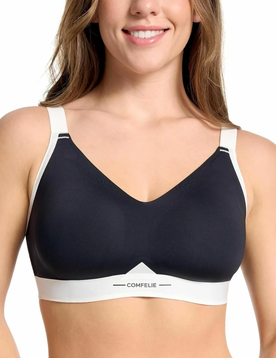 "COMFELIE Wireless Seamless Bra for Women - Lightly Lined Comfort, Color Block V-Neck Everyday T-Shirt Bra"
