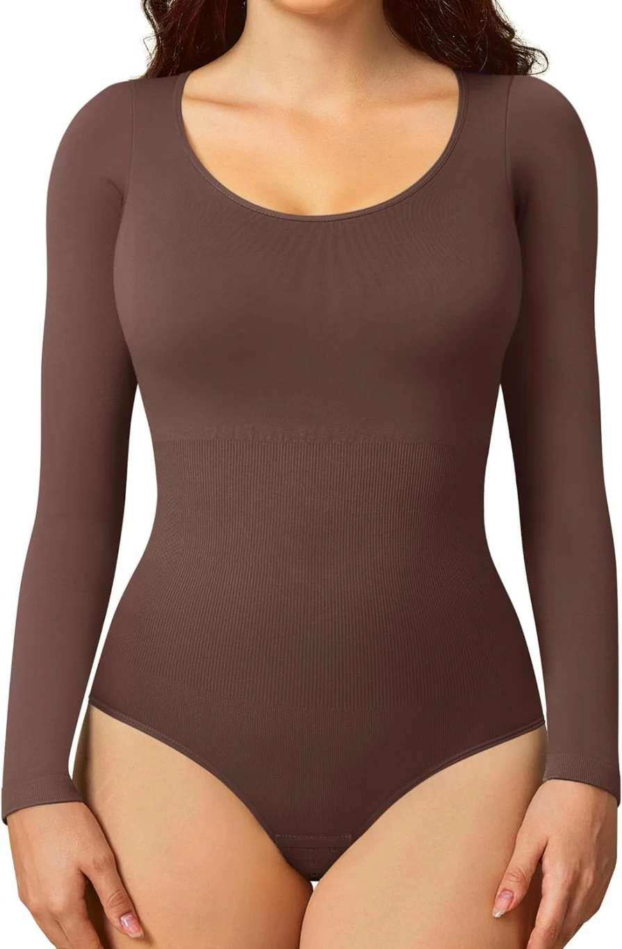 BRABIC Women's Seamless Tummy Control Bodysuit - Long Sleeve Shapewear Top with Round Neck