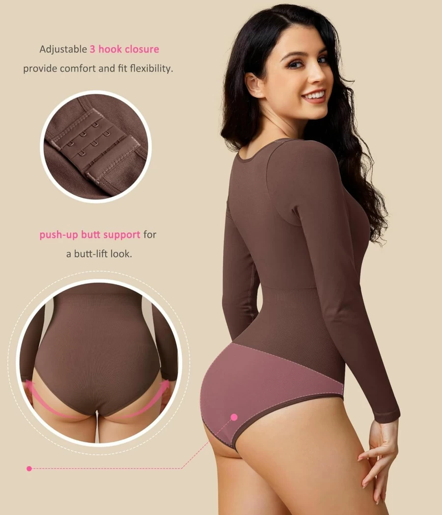 BRABIC Women's Seamless Tummy Control Bodysuit - Long Sleeve Shapewear Top with Round Neck