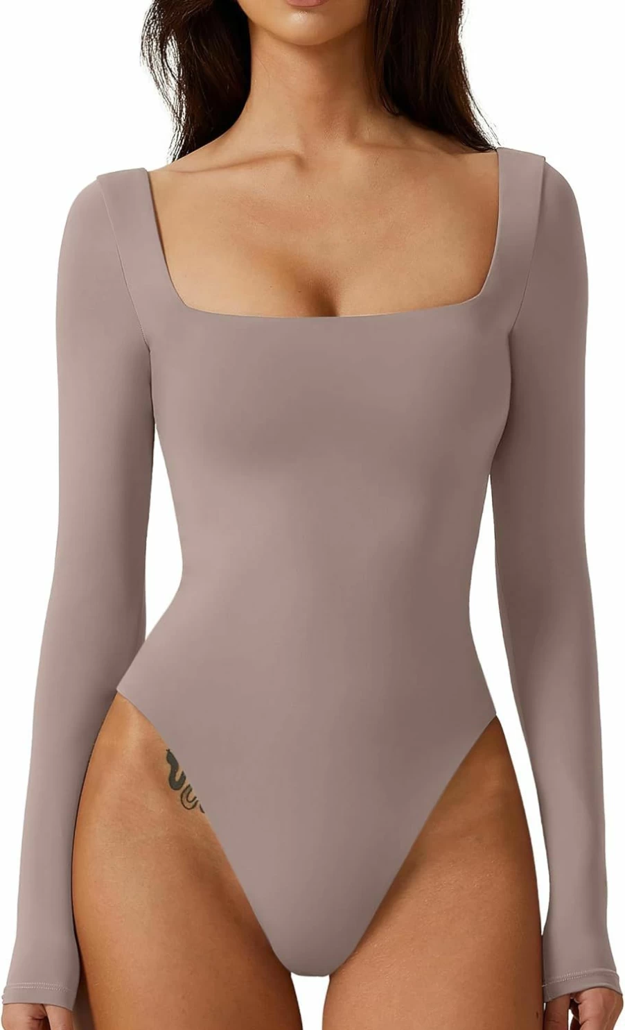 QINSEN Women's Square Neck Long Sleeve Bodysuit Top - Double Lined Stretch T-Shirt for Comfort & Style