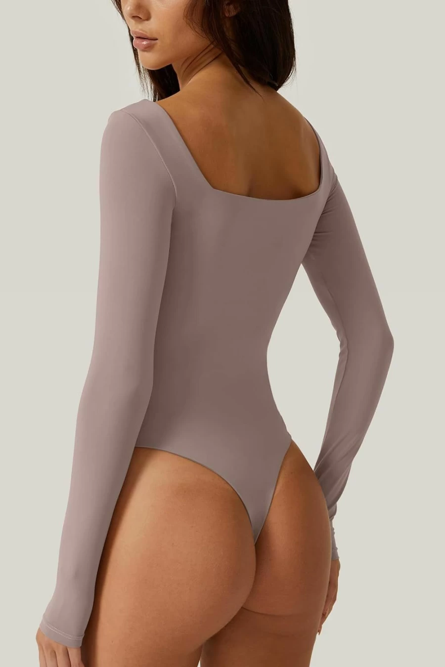 QINSEN Women's Square Neck Long Sleeve Bodysuit Top - Double Lined Stretch T-Shirt for Comfort & Style
