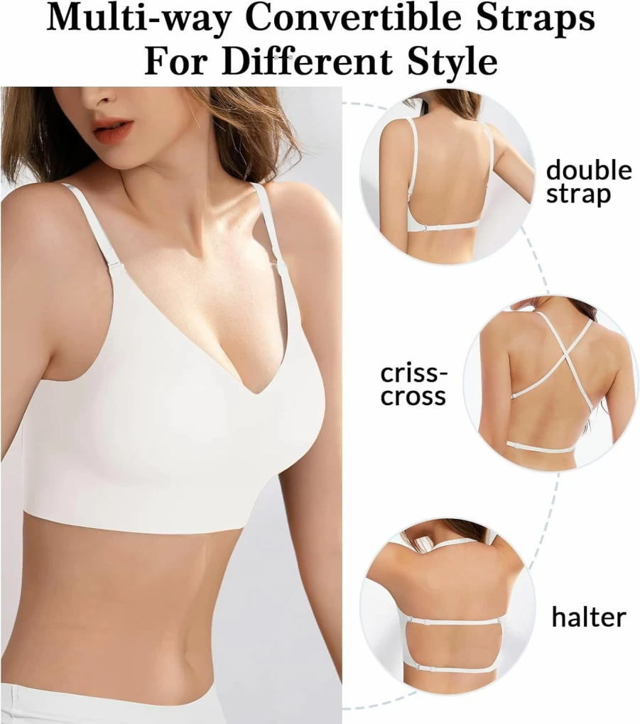 BOUFOR Seamless Wireless Bralette - Low Back, Backless, Convertible Multiway Bra with Thin Straps & Comfort Padding
