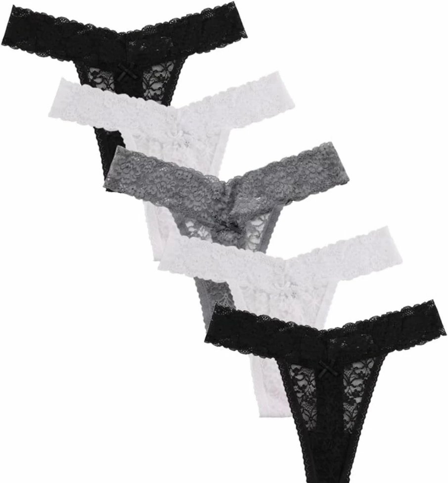 UWOCEKA Women's Sexy Lace Cheeky Thongs - 5 Pack Sheer See-Through Underwear Comfortable Stretch Panties