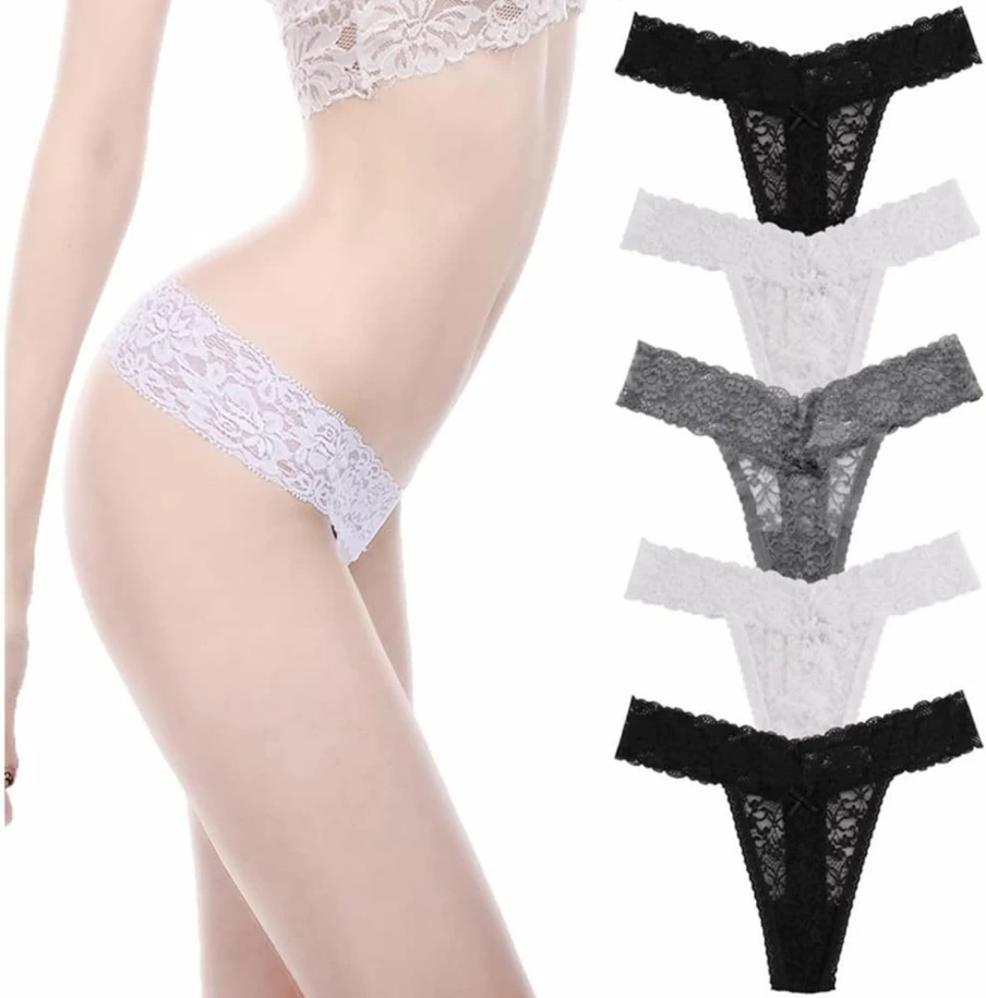 UWOCEKA Women's Sexy Lace Cheeky Thongs - 5 Pack Sheer See-Through Underwear Comfortable Stretch Panties