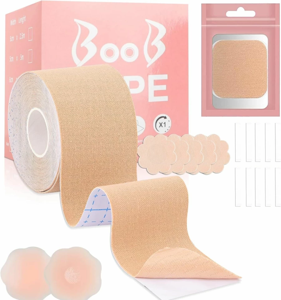 Celosia Breast Lift Tape - 1 Boob Tape, 5 Satin Petals, 1 Nipple Stickers, 10 Double-Sided Tapes for Instant Lift (A-G Cup)