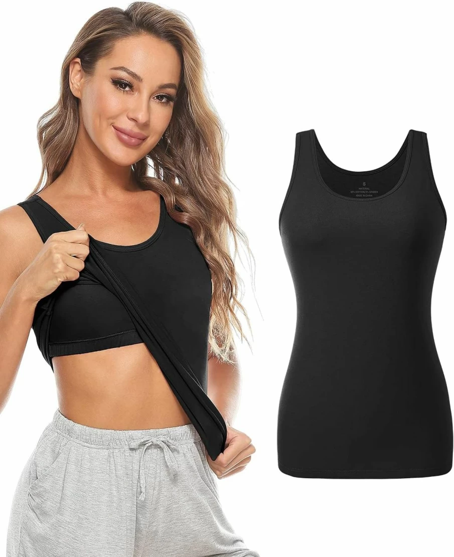 AMVELOP Women's Cotton Tank Tops with Built-In Bra - Comfortable Layering Undershirts 2-3 Pack
