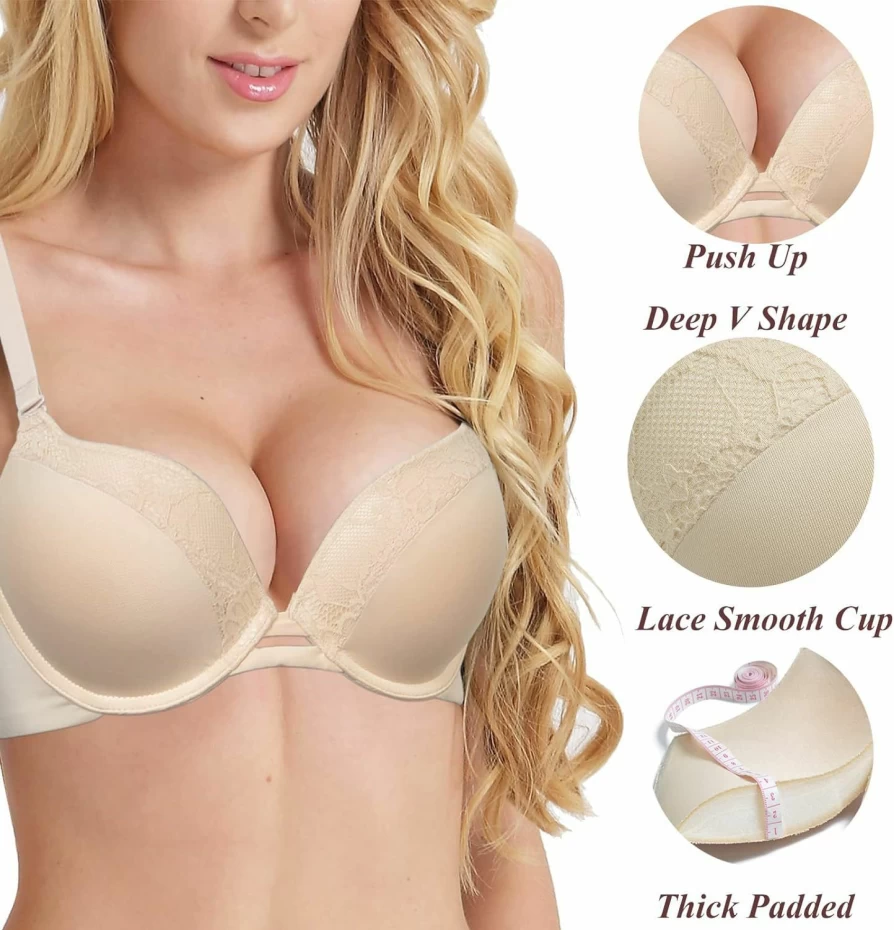 Pushlus Women's T-Shirt Bra with Thick Padded Plunge, Underwire Lift & Lace Detail for Added Support (+1 Cup Size)