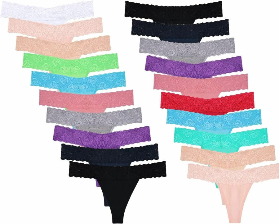 Sunm Boutique 20 Pack Women's Lace Thong Underwear Set - Seamless T-Back Low Rise Sheer Panties for Comfort & Style