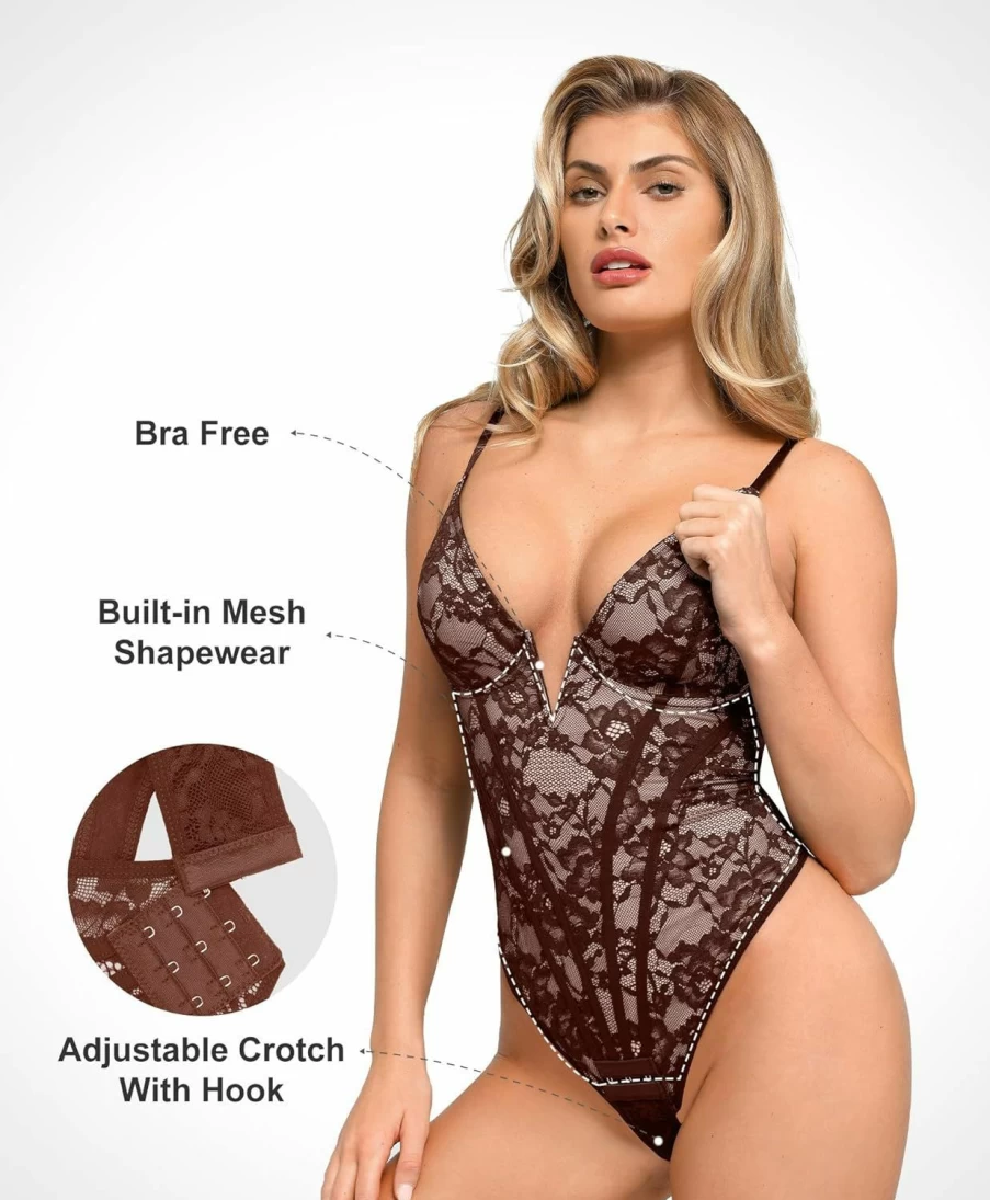 Popilush Women's Tummy Control Corset Bodysuit - Deep V Neck Lace Shapewear Sleeveless Tank Top for Slimming & Body Shaping
