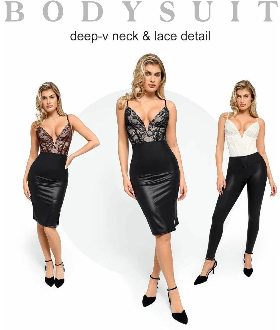 Popilush Women's Tummy Control Corset Bodysuit - Deep V Neck Lace Shapewear Sleeveless Tank Top for Slimming & Body Shaping