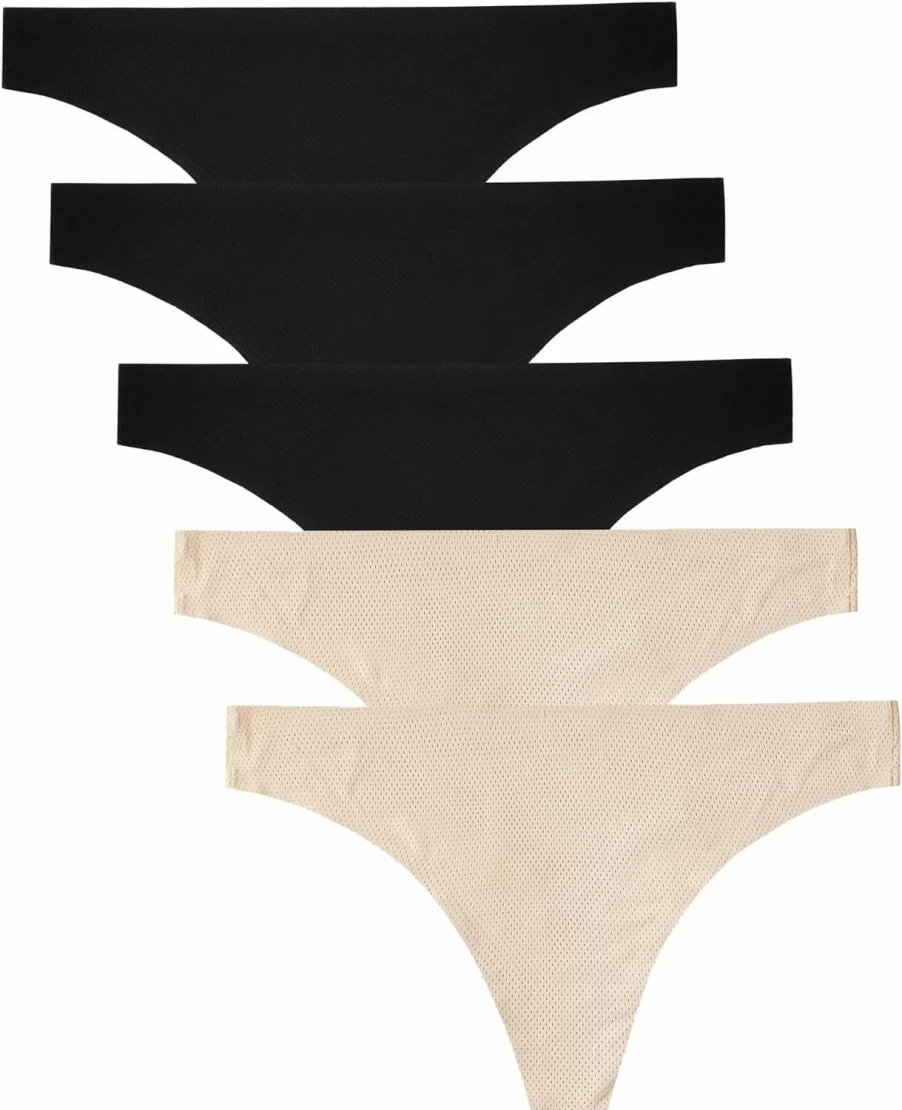 Voenxe Women's Seamless No-Show Thong Panties 5-Pack - Breathable Comfortable Underwear for Ladies