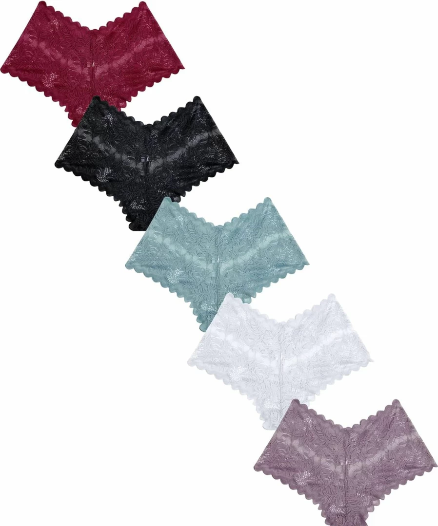 Knowyou Women's Lace High Waist Cheeky Panties 5/10 Pack - Sexy V-Waist Underwear Shorts for Women