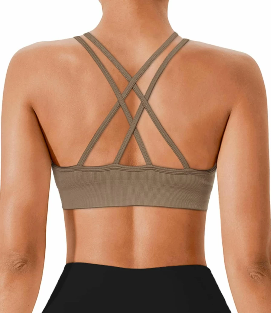 VEQKING Women's V-Neck Criss Cross Back Sports Bra - Seamless Yoga Workout Bra with Padded Support & Spaghetti Straps