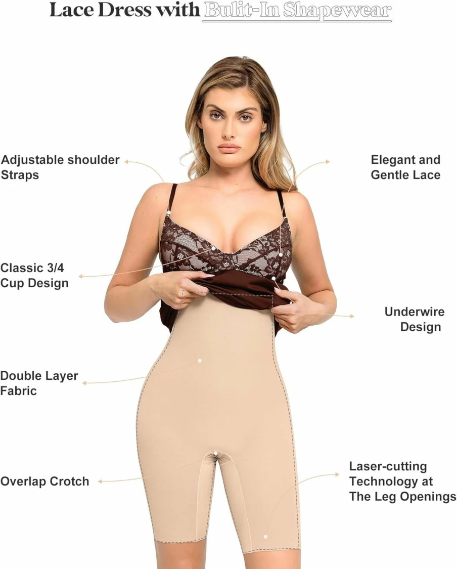 Popilush Corset Lace Midi Dress with Built-In Shapewear for Slimming Elegance