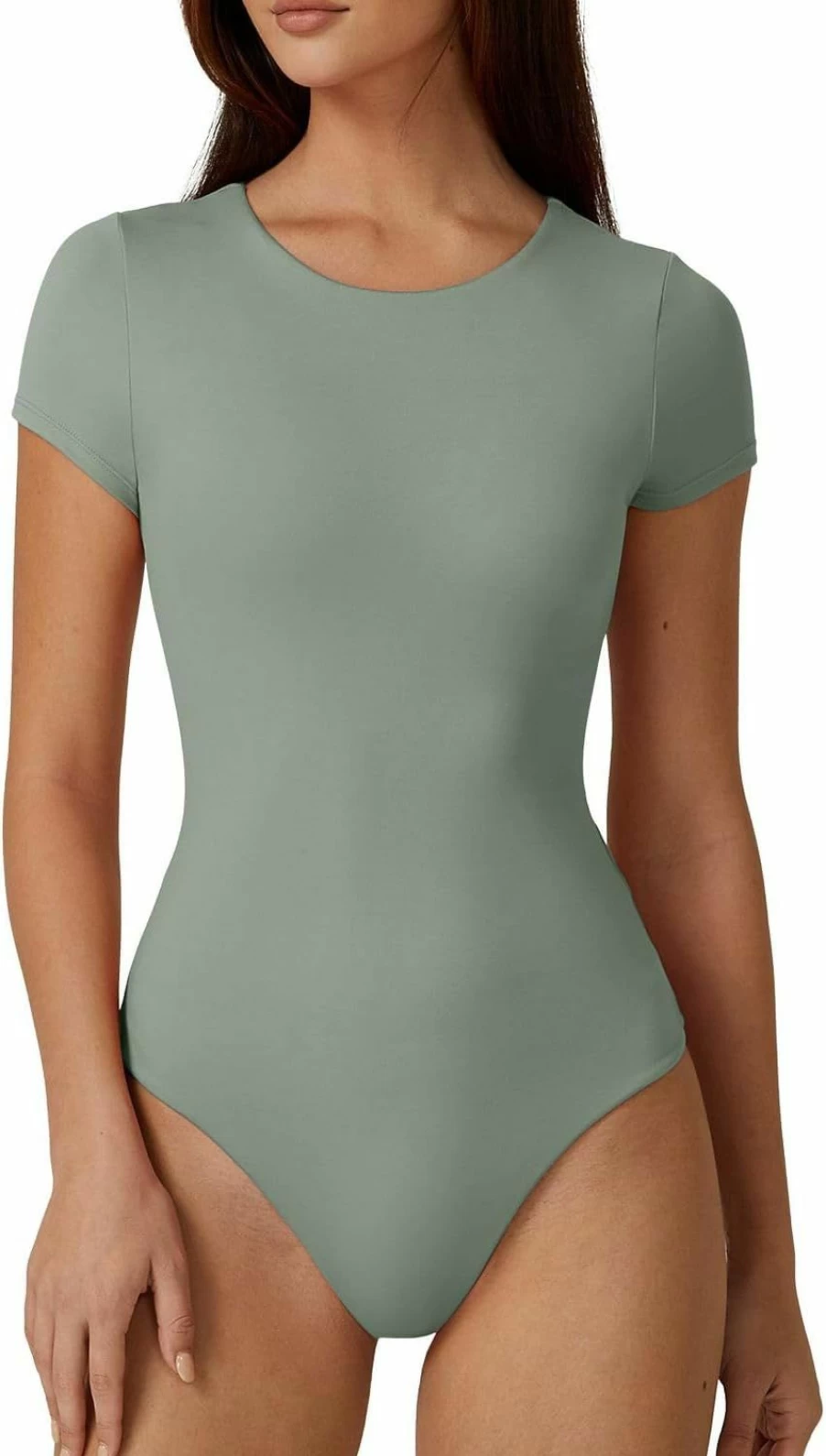 QINSEN Women's Basic Double Lined Bodysuit - Crew Neck Short Sleeve T-Shirt Top for Comfort & Style