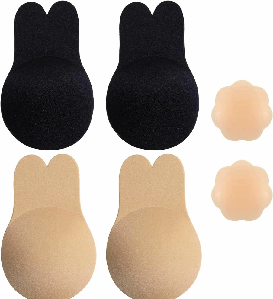 SWEMNED Adhesive Silicone Bra for Backless Dresses - Strapless Push Up Sticky Bra with Nipple Covers, Invisible & Reusable, Size C/D