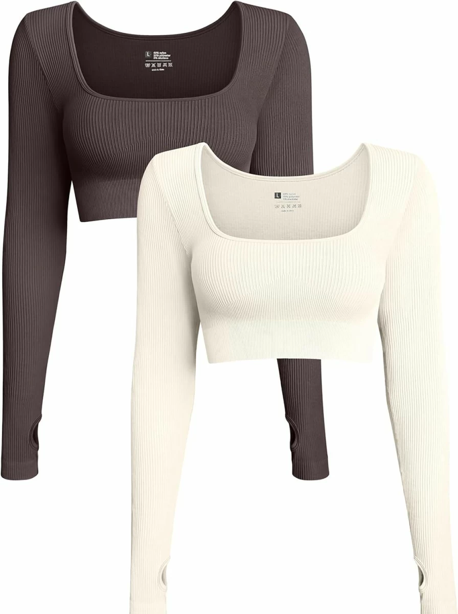 OQQ Women's Ribbed Seamless Workout Crop Top & Long Sleeve 2-Piece Set for Exercise