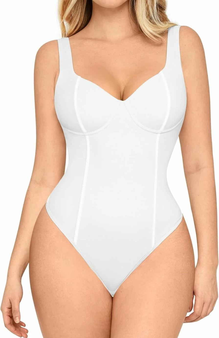 FeelinGirl Women's Tummy Control Shapewear Bodysuit - Sweetheart Neck Corset Top Thong Body Suit for Slimming & Sculpting
