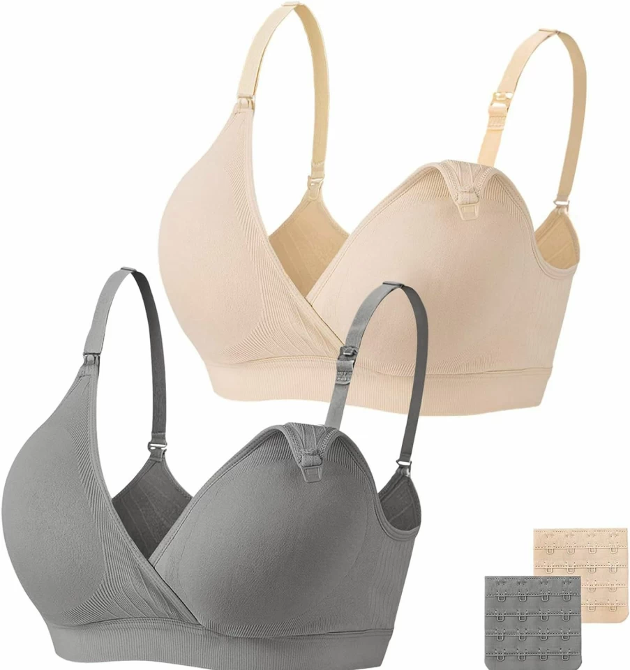 Angelhood Nursing Bra for Women - Pack of 2, Seamless Maternity Bra, Wireless Sleep Bra with Extenders, Comfortable Breastfeeding Bra