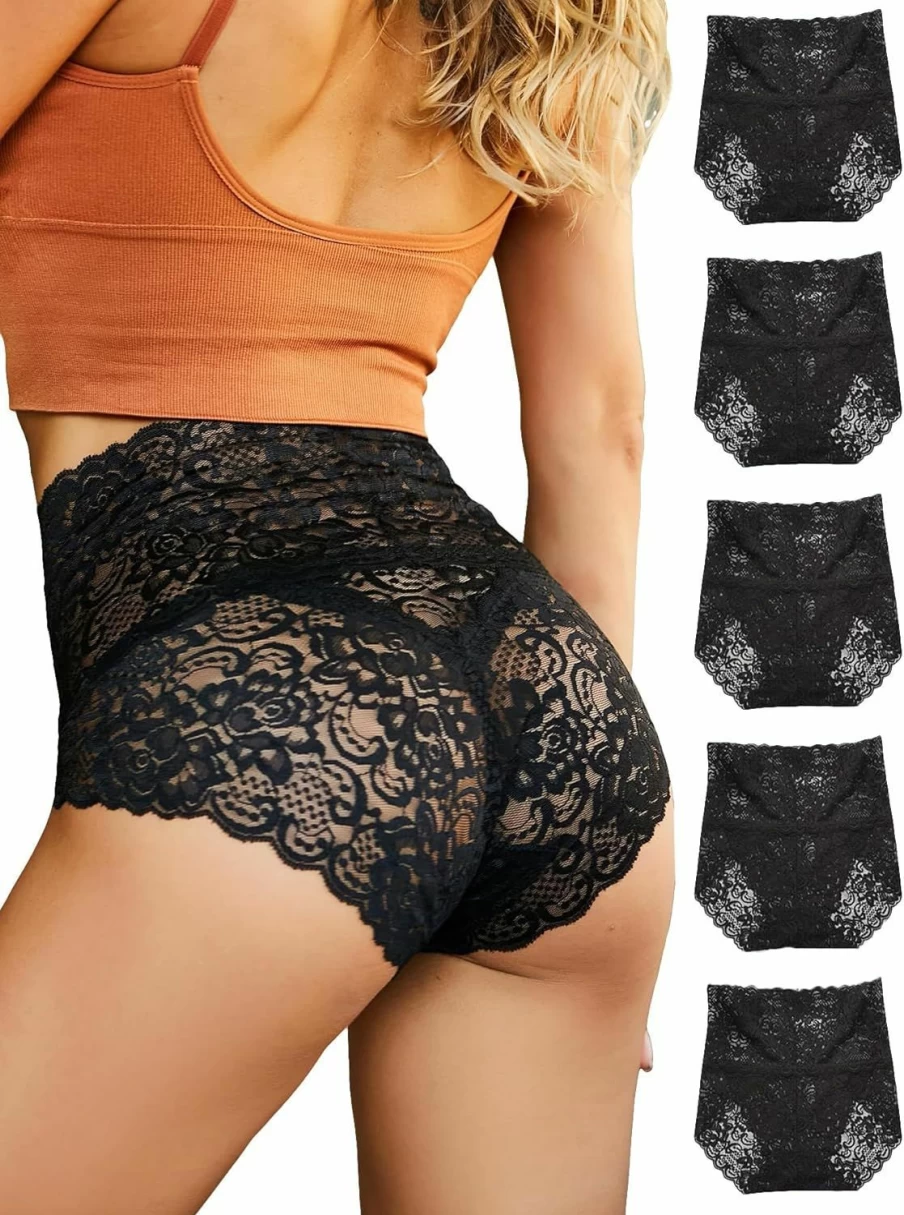 SOLY HUX Women's Floral Lace High Waist Panties Set - 5 Piece Underwear with Scallop Trim