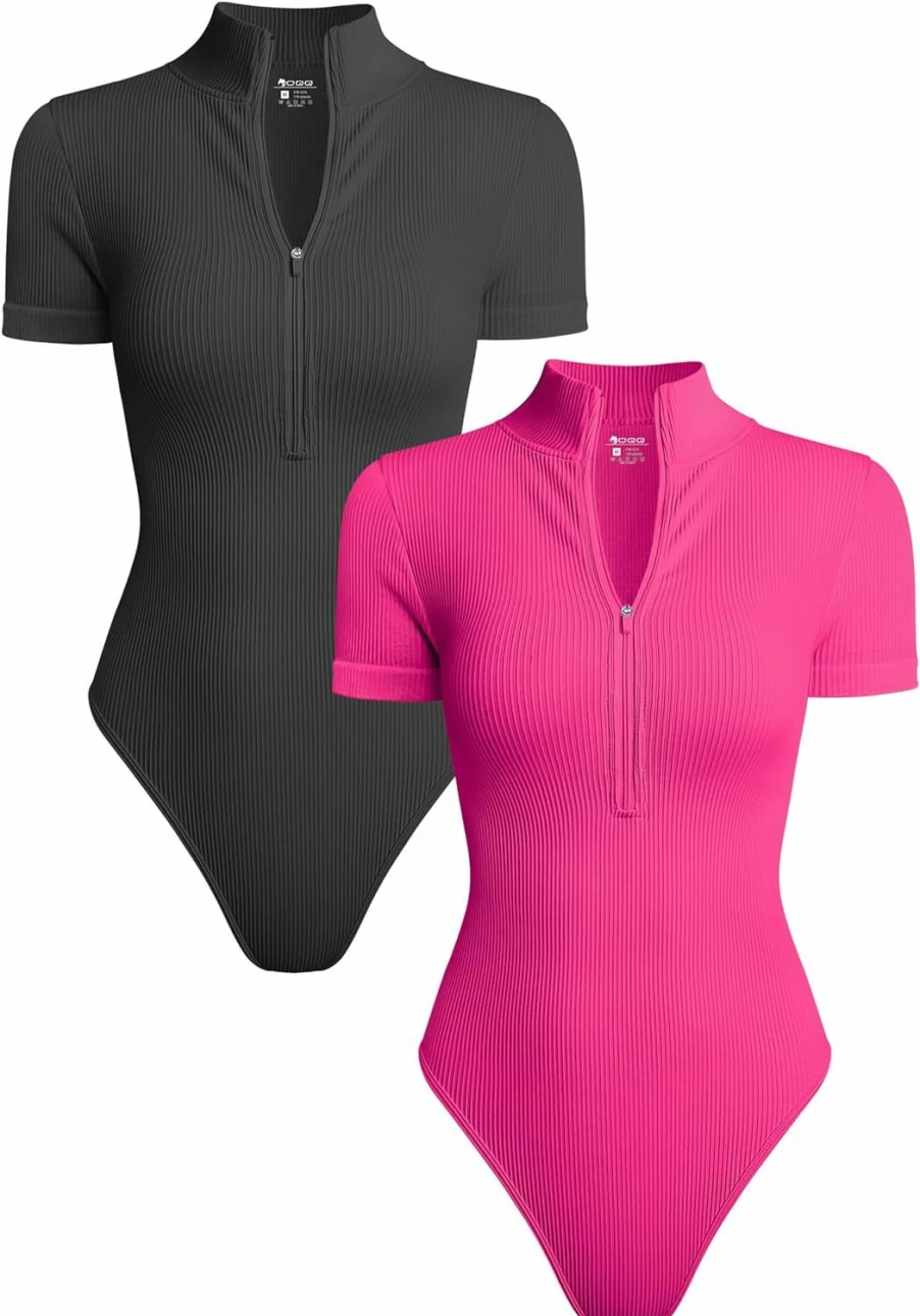 OQQ Women's Sexy Ribbed Zip Front Bodysuit - 2 Piece Short Sleeve One Piece Jumpsuit
