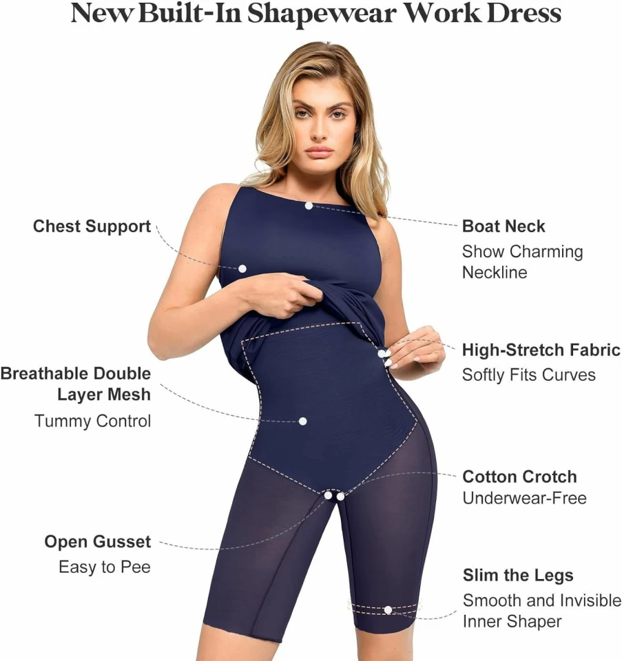 Popilush Women's Elegant Midi Pencil Dress - Sleeveless Boat Neck Shapewear Work Dress Knee Length for Office & Formal Wear
