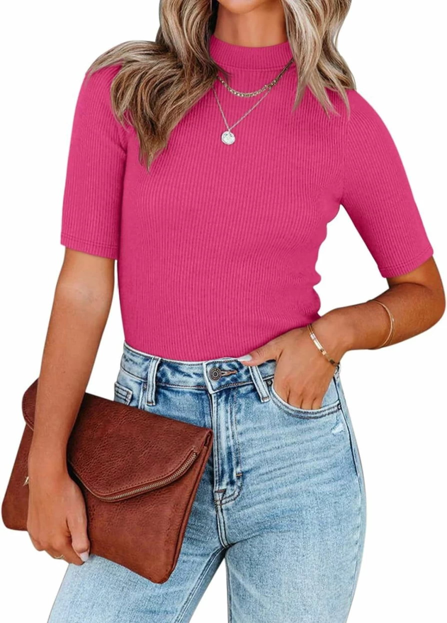 REORIA Women's Ribbed Knit Bodysuit - Slim Fit Mock Neck Half Sleeve Leotard Top for Dressy & Casual Wear
