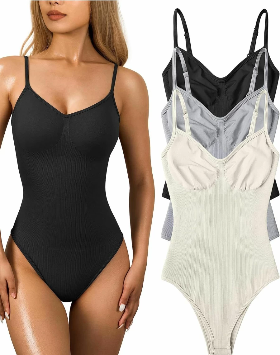 OQQ Women's Sexy Ribbed Bodysuit - Adjustable Spaghetti Strap Sleeveless Shapewear Top 3-Piece Set