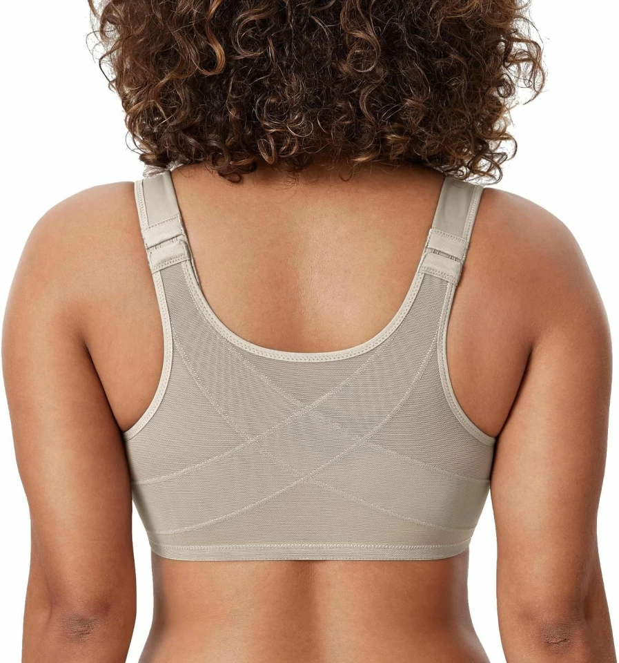 DELIMIRA Women's Plus Size Front Closure Bra - Full Coverage Unlined Posture Support Underwire Plunge Seamless Bra for Back Pain Relief (Sizes B-H)
