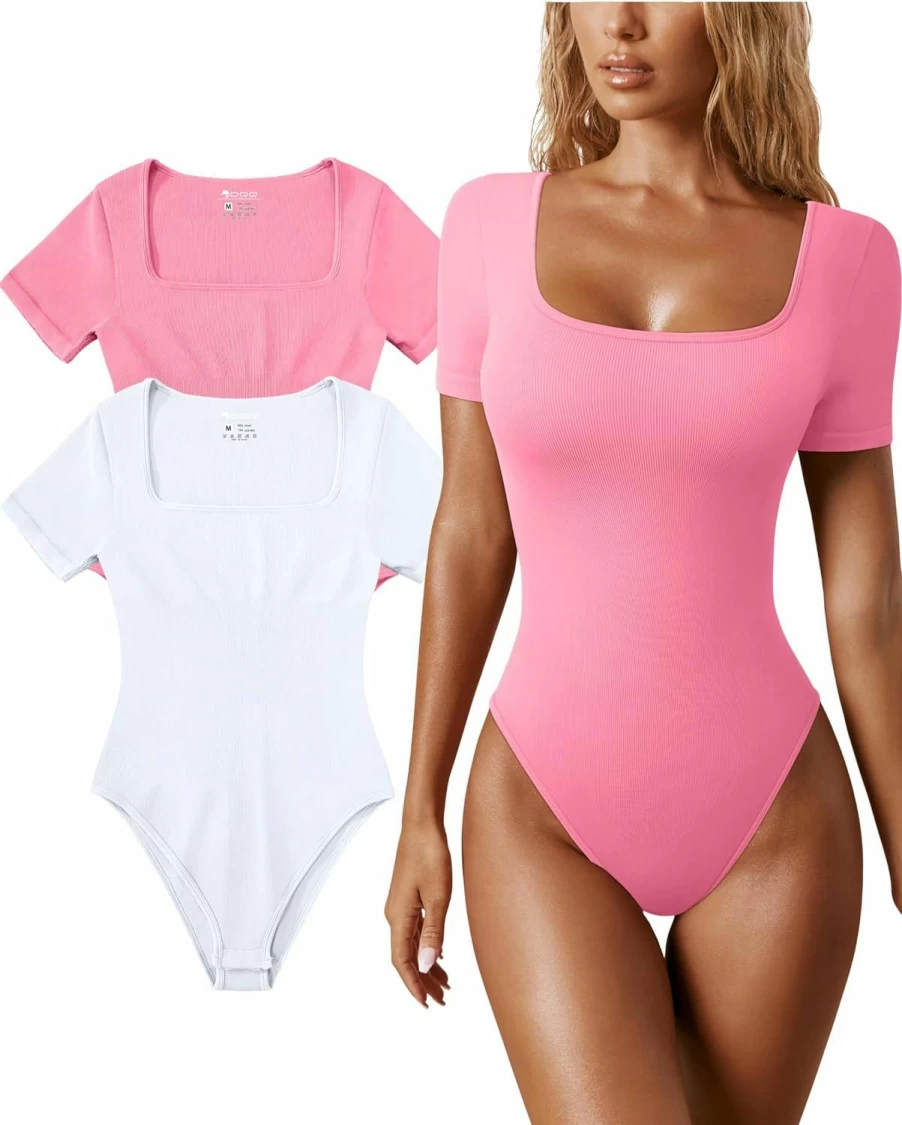 OQQ Women's Sexy Ribbed Bodysuit 2-Piece Set - Square Neck Short Sleeve One Piece Jumpsuit