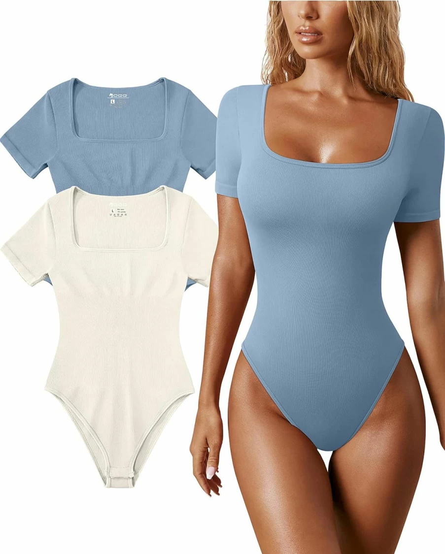 OQQ Women's Sexy Ribbed Bodysuit 2-Piece Set - Square Neck Short Sleeve One Piece Jumpsuit