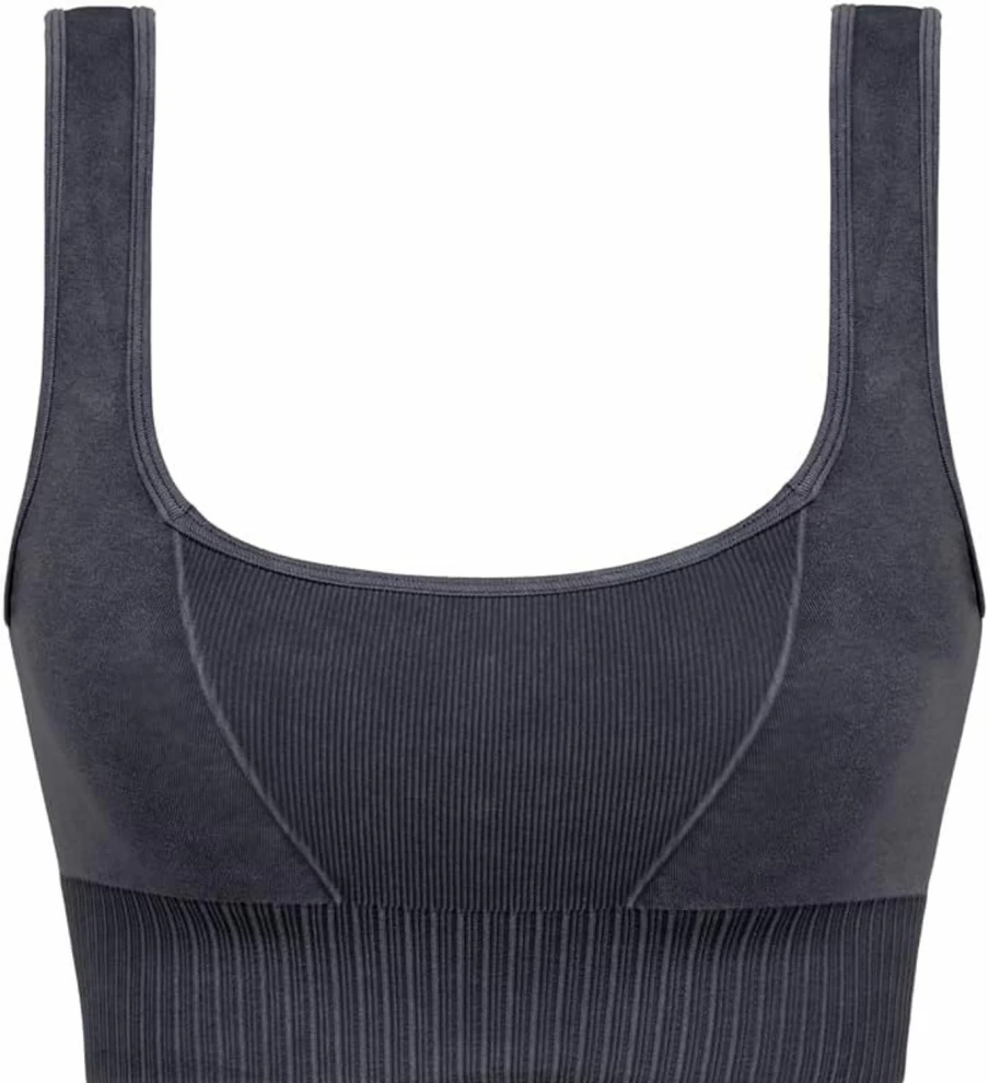 ODODOS Women's Seamless Ribbed Sports Bra - Square Neck Crop Top Low Back Workout Tank