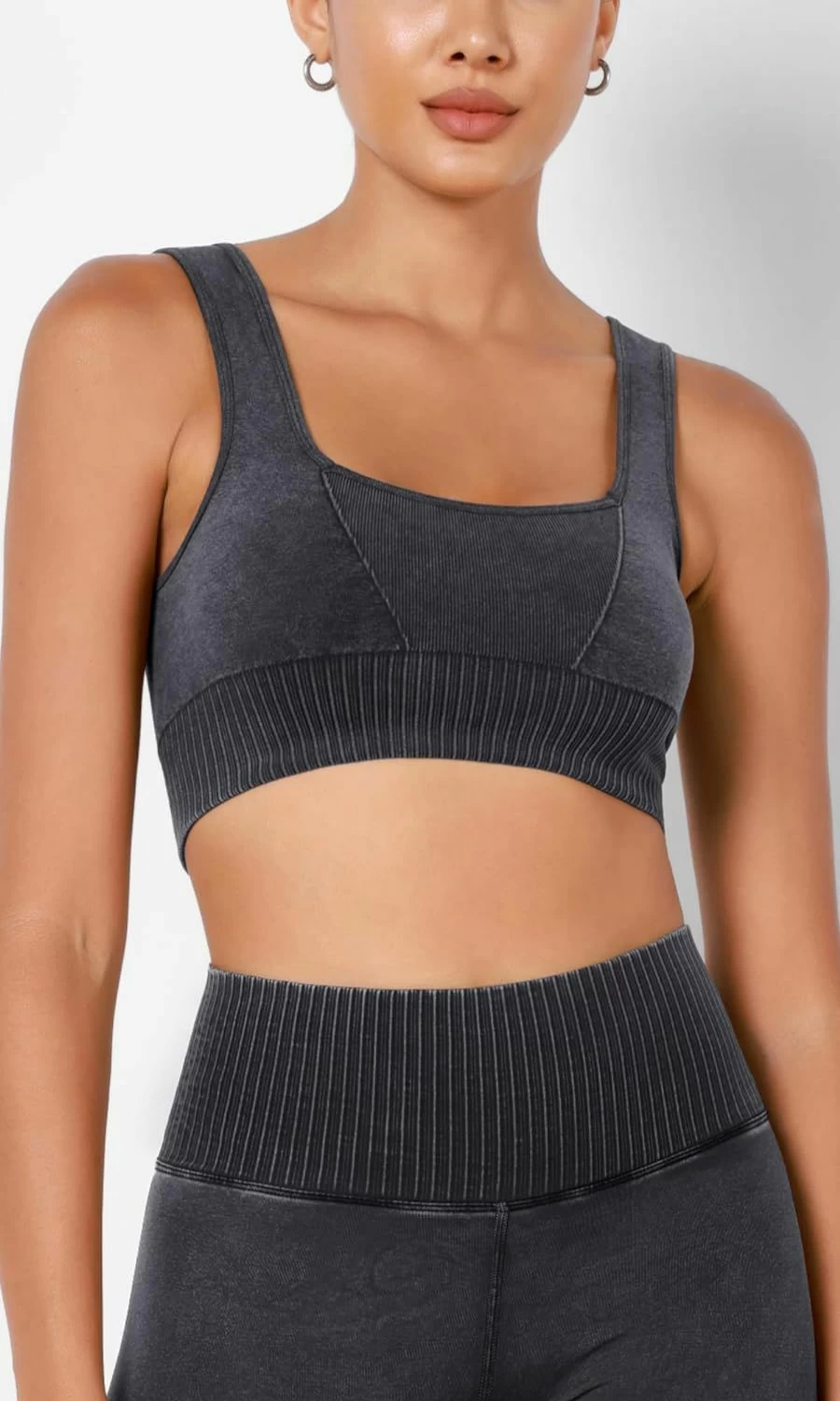 ODODOS Women's Seamless Ribbed Sports Bra - Square Neck Crop Top Low Back Workout Tank