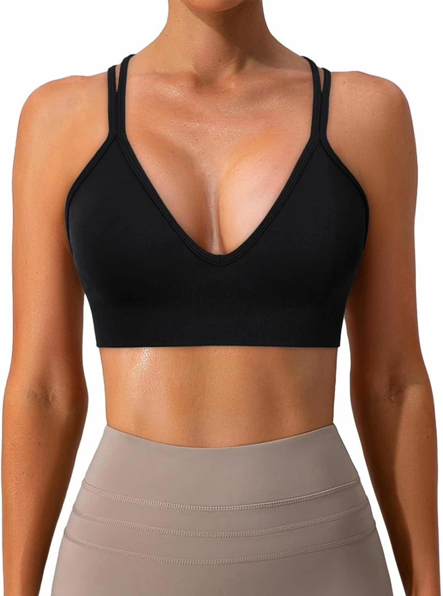 Sicoozoe Women's V-Neck Criss Cross Sports Bra 3 Pack - Seamless Padded Yoga Bras for Workout & Gym Fitness